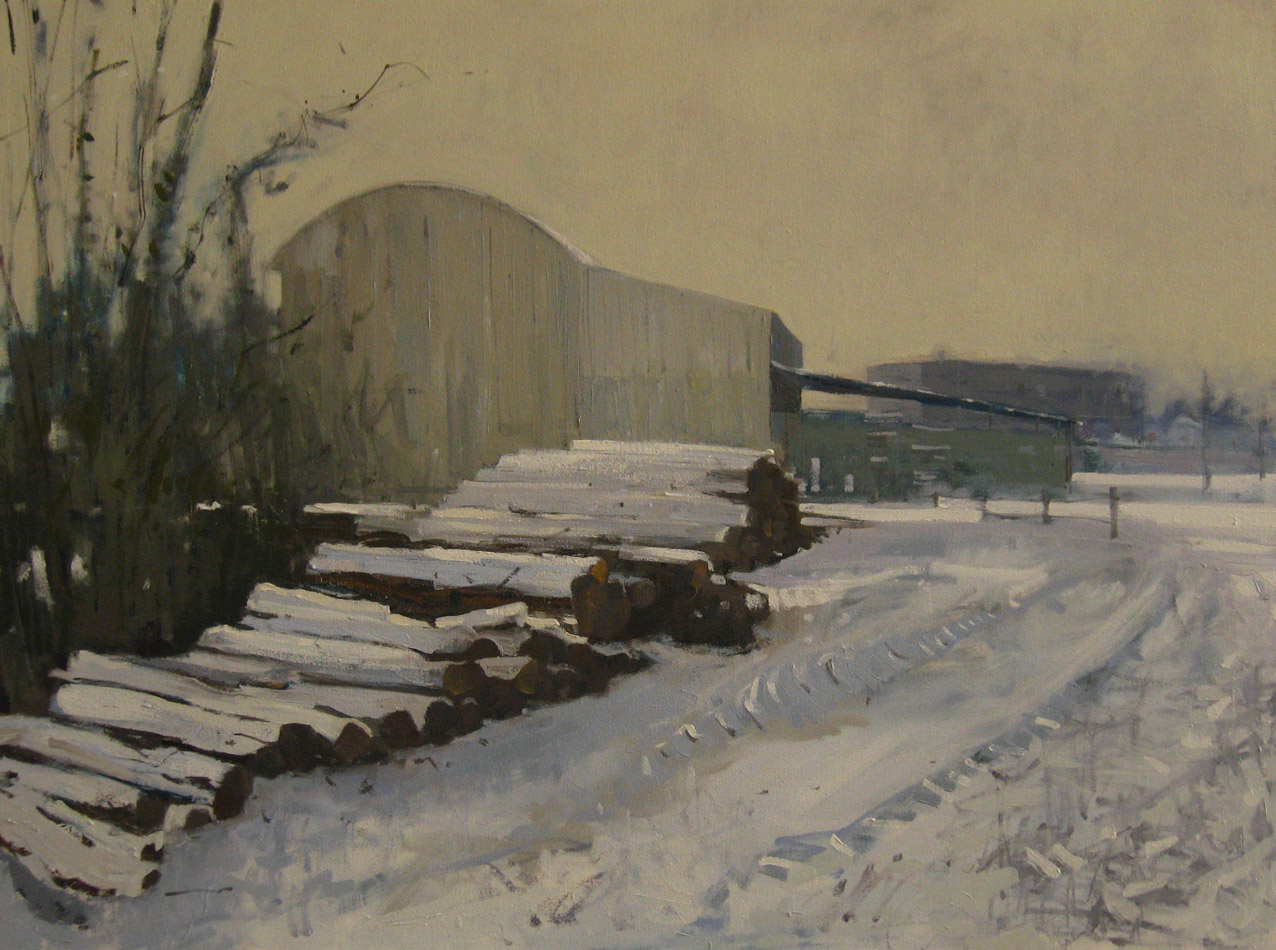 Timber Yard Winter, oil on canvas 76 x 101 cms
